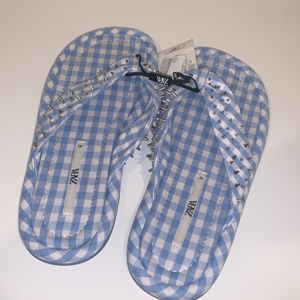 Zara Gingham Studded Flip Flops Sandals - Picture 5 of 12